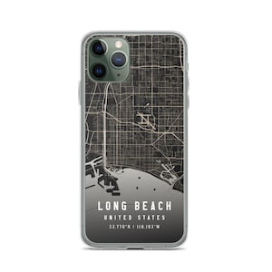 ロングビーチ カリフォルニア シティマップ ケース iPhone 14、iPhone 14+/Pro/Pro Max、iPhone 13、iPhone 13 Pro/Pro Max/Mini、iPhone 12/11/X用