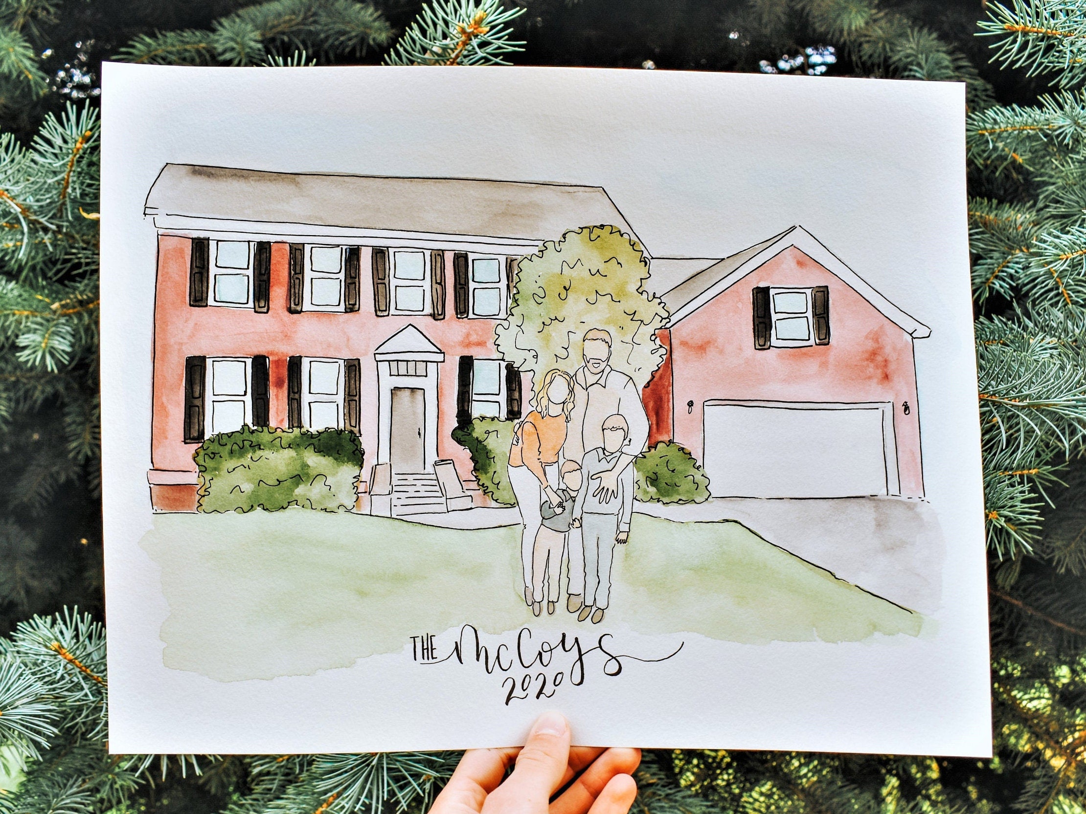 Custom Home and Family Watercolor Painting