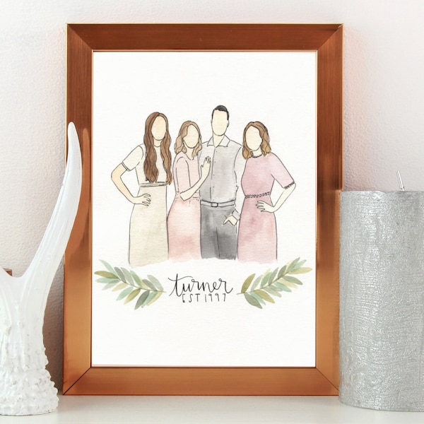 Custom Faceless Family Watercolor Painting, Handpainted Custom Couple Watercolor