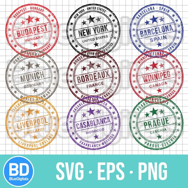 SVG City Stamps | Vector EPS City Rubber Stamps | Set of PNG City Stamps | 300 ppi Png | New York Stamp | Prague Svg Stamp | Svg Ink Stamp