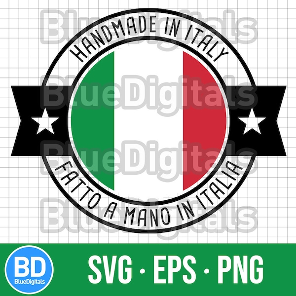 Handmade Italian SVG Label | Handmade in Italy EPS Icon | Italian Made PNG 300 ppi Stamp | Made in Italy Vector Label with Italian Flag