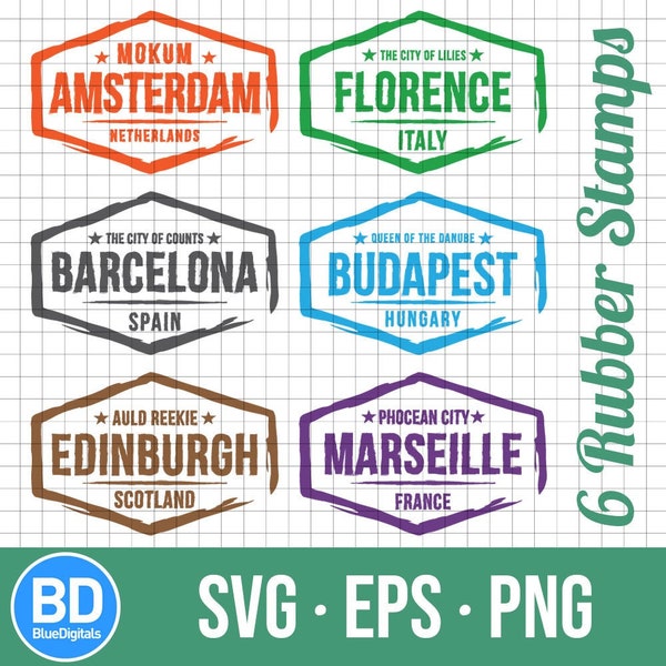 SVG Rubber Stamps | Grunge Stamps | PNG Stamp Set | EPS Vector Stamps | Amsterdam, Barcelona, Florence Stamps | Vector Svg Stamps | 300 ppi