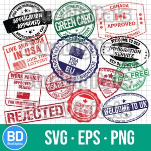 ビザと入国管理をテーマにした SVG ゴム印 | パスポート SVG スタンプ | ビザ スタンプ ベクター EPS | ビザとパスポート スタンプ PNG 300 ppi