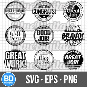 Sellos SVG "Bien hecho" / Sellos PNG "Buen trabajo" / Sellos EPS vectoriales "Buen trabajo" / Conjunto de sellos Png "Bien hecho" / Sellos SVG "Felicitaciones"