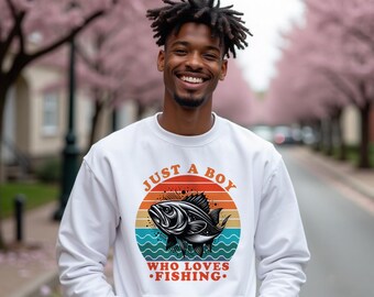 Just A Boy Loves Fishing PNG Design for T-shirt Pillow or Mug, Fish and Motivational Words for Sublimation T-shirt, 300 DPI PNG Fishing Boy