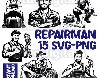 Riparatore SVG, Meccanico SVG, Set di clipart PNG di riparatore, Silhouette di riparatore SVG Clipart, Operaio SVG Download digitale Uso commerciale