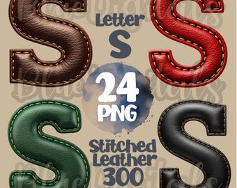 Lettera S in PNG, Lettera S in pelle cucita in PNG, Clipart della lettera S in pelle, 24 lettere PNG, Clipart della lettera per uso commerciale, Lettera PNG per sublimazione
