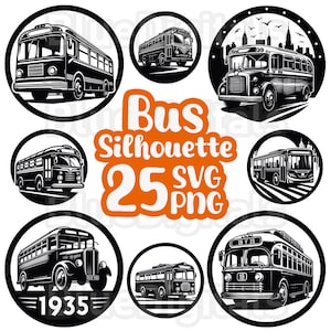 Bus Silhouette Bundle SVG, Retro Bus SVG Clipart, Vintage Tour Bus PNG Silhouette, Vehicle Bus Png Set, Svg Bus Drawing Clipart, 25 Svg Bus