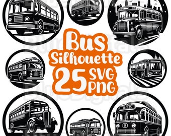 Pacchetto silhouette di autobus in formato SVG, Clipart di autobus retrò in formato SVG, Silhouette di autobus turistico d'epoca in formato PNG, Set di veicoli in formato Png, Clipart di disegno di autobus in formato SVG, 25 autobus in formato SVG