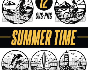 Clipart SVG PNG di Summer Time, distintivi SVG e PNG di Summer Vibes, set di 12 immagini vettoriali di Summer Vacation, Seaside SVG PNG, download immediato