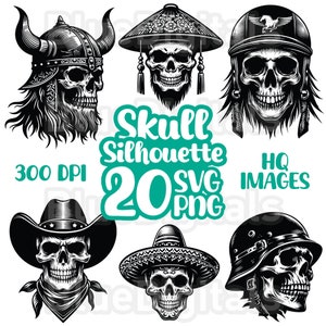 A digital product featuring vector illustrations of skulls wearing various headgear, including military caps, motorcycle helmets, top hats, and regional hats. Perfect for edgy branding, creative projects, or artwork that embraces bold and distinctive aesthetics.