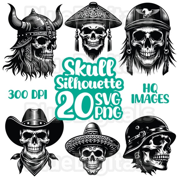 Skull Silhouette SVG - Set of PNG Skull Silhouette - PNG Skulls - 20 Svg Skull Silhouette - 300 dpi Png Skulls - Instant Download