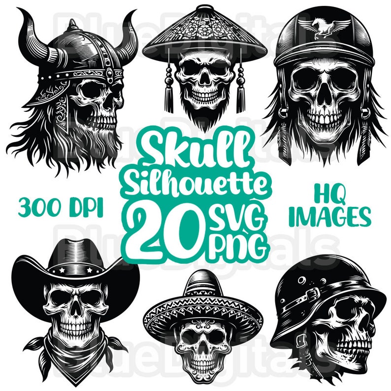 A digital product featuring vector illustrations of skulls wearing various headgear, including military caps, motorcycle helmets, top hats, and regional hats. Perfect for edgy branding, creative projects, or artwork that embraces bold and distinctive aesthetics.