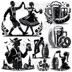 Puede incluir: Ilustraciones en blanco y negro con tem&aacute;tica de Oktoberfest. Incluye figuras bailando con trajes tradicionales, jarras de cerveza, pretzels, salchichas y un barril. Elementos decorativos: trigo, flores y una iglesia.