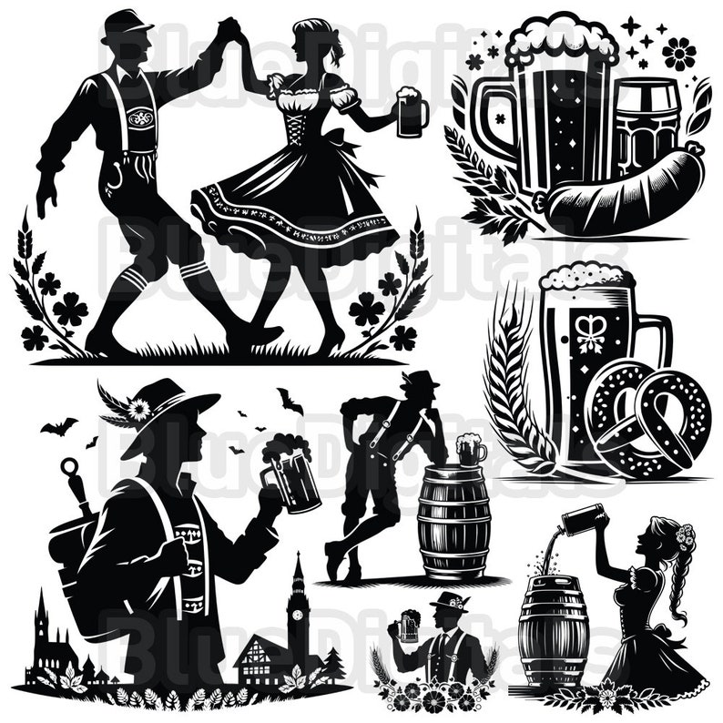Puede incluir: Ilustraciones en blanco y negro con tem&aacute;tica de Oktoberfest. Incluye figuras bailando con trajes tradicionales, jarras de cerveza, pretzels, salchichas y un barril. Elementos decorativos: trigo, flores y una iglesia.