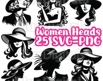 Teste di donna in formato SVG, Silhouette di testa di donna in formato SVG, Set di PNG di teste di donna, Silhouette di donne con cappelli in formato SVG, Bundle di PNG di teste di donna