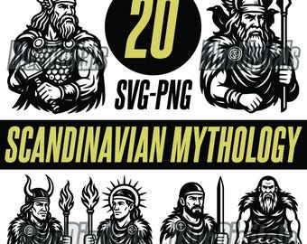 Dioses escandinavos SVG de Thor y Odín, conjunto de dioses nórdicos SVG y PNG, dioses y personajes de Asgard SVG, archivos SVG y PNG de mitología escandinava