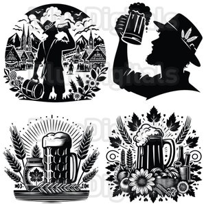 Puede incluir: Ilustraciones en blanco y negro con temas relacionados con la cerveza. Una muestra a un hombre bebiendo de una jarra, otra una silueta de un hombre con una jarra de cerveza. Otras incluyen jarras de cerveza, trigo y elementos florales, evocando un tema festivo.