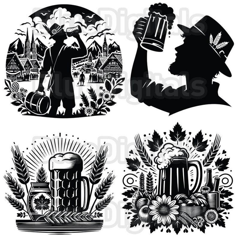 Puede incluir: Ilustraciones en blanco y negro con temas relacionados con la cerveza. Una muestra a un hombre bebiendo de una jarra, otra una silueta de un hombre con una jarra de cerveza. Otras incluyen jarras de cerveza, trigo y elementos florales, evocando un tema festivo.