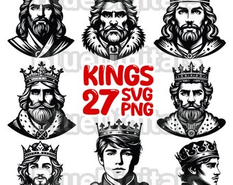 Re SVG, Silhouette di Re PNG, Set di Re SVG, Pacchetto Clipart di Re SVG, Ritratto di Re SVG, 27 Teste di Re SVG, Clipart per Uso Commerciale