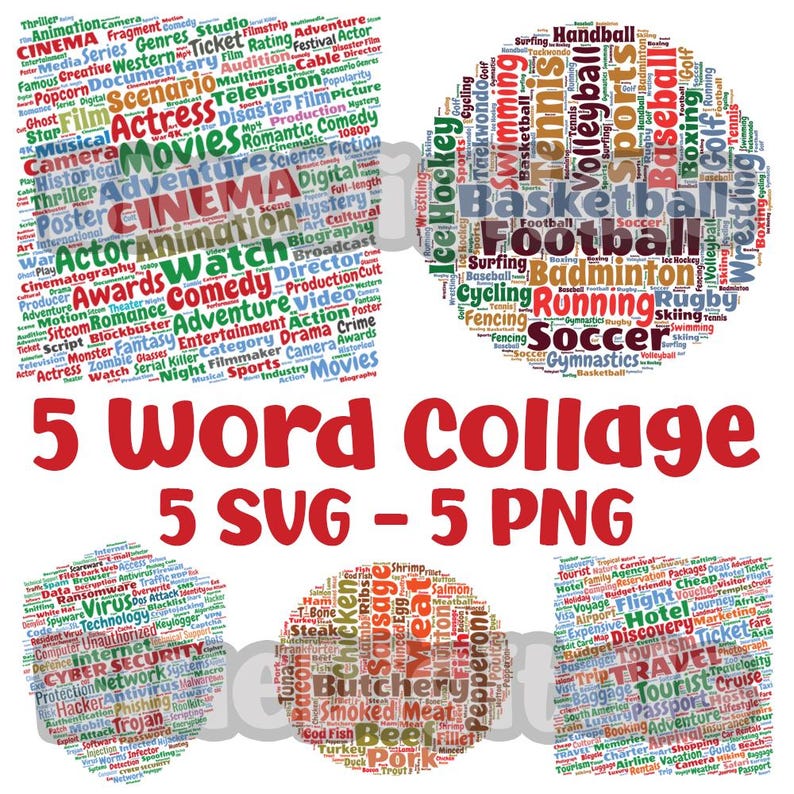 Word Collage Lettering Word Collage Svg, Set of 5 Word Collage Png, Sublimation Word Cloud for ...
