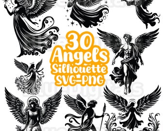 Angels SVG Silhouette Bundle, Angel Clipart, Angel PNG Silhouette, Angel Wings SVG, Vector Angels, Christian Svg, Religious Png
