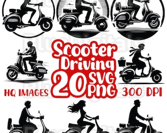 Silhouette di guida di scooter in formato SVG, Silhouette di scooter in formato PNG, Scooter in formato SVG vettoriali, Set di silhouette di guida in formato SVG, Silhouette di scooter in formato PNG trasparente