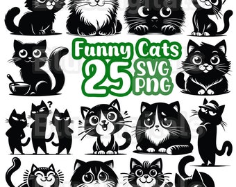 Gatti divertenti SVG, Silhouette di gatto SVG, Gatti Svg, Gatto in stile fumetto PNG, Silhouette di gatto Set Png, Immagine di gatto trasparente Png 300 Dpi