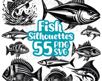 Fish Silhouette SVG, SVG Fish Bundle, Set of PNG Fish Silhouette Bundle, Fish Png Silhouette with Transparent Background, Instant Download