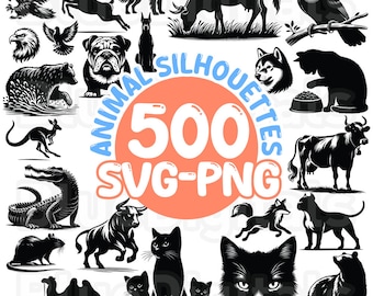 Animal Silhouettes Bundle, 500 Animal Silhouettes, SVG Vector Animals, Png Bundle of Animals, Cat Dog Cow Lion Elephant PNG Silhouettes