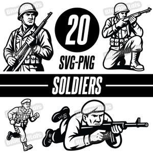 May include: Black and white digital illustrations of soldiers in various poses, including standing, kneeling, running, and prone. The image includes the text "20 SVG-PNG SOLDIERS".