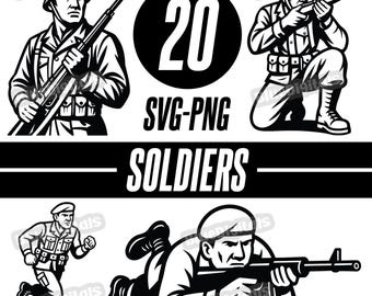 Soldati SVG, file SVG e PNG vettoriali a tema militare e soldato, set di 20 SVG dell'esercito, download immediato
