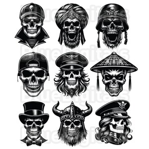 May include: Set of ten black and white skull illustrations with different headwear, including a baseball cap, a turban, a military helmet, a military cap, a traditional Asian hat, a top hat, a viking helmet, and a military cap with a long braid.