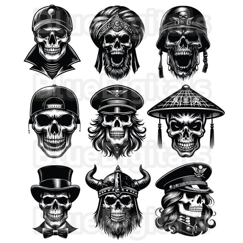May include: Set of ten black and white skull illustrations with different headwear, including a baseball cap, a turban, a military helmet, a military cap, a traditional Asian hat, a top hat, a viking helmet, and a military cap with a long braid.