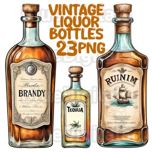 May include: Three vintage liquor bottles with labels. The bottle on the left is labeled "Brandy", the middle bottle is labeled "Tequila", and the bottle on the right is labeled "RUIJIM".