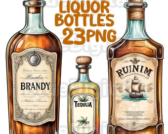 Bottiglie di liquore ad acquerello PNG, bottiglia vintage PNG, illustrazione di bottiglie di whisky, brandy, vino e vodka PNG, set di clipart di bottiglie di liquore vintage