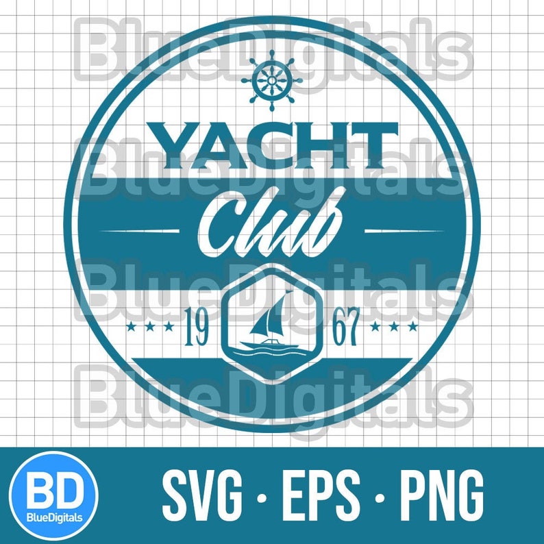 A digital product featuring a round vector badge with a yacht club theme, incorporating a sailboat and a helm icon. Ideal for use as a logo or emblem, this design captures the essence of maritime elegance and adventure.