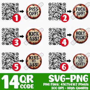 Swear Words QR Code, Funny Words QR Code Bundle, Set of 14, Swear Png Svg Qr Code, T-Shirt Slogans QR Code, Funny Sayings, Instant Download