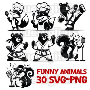 Funny Cartoon Animals Svg, Cook Animal Svg, Chef Animal Svg, Kung Fu Animal Svg, Cartoon Bear Fox Mouse Svg Clipart, Commercial Use