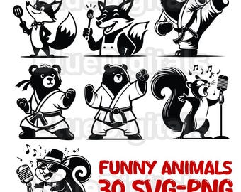 Animali dei cartoni animati divertenti in formato SVG, Animale cuoco in formato SVG, Animale chef in formato SVG, Animale kung fu in formato SVG, Clipart di orso volpe topo in formato SVG, Uso commerciale