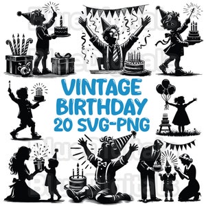 Vintage Birthday SVG, Vintage Birthday Party PNG, Birthday Clipart Silhouette SVG, Vintage Happy Birthday Png Set, Commercial Use Download