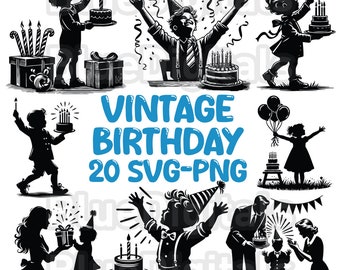 Compleanno vintage in formato SVG, festa di compleanno vintage in formato PNG, silhouette clipart di compleanno in formato SVG, set di PNG di buon compleanno vintage, download per uso commerciale