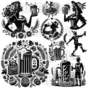 Puede incluir: Ilustraciones en blanco y negro con tem&aacute;tica de Oktoberfest. La imagen presenta siluetas de personas, jarras de cerveza y elementos decorativos como trigo, flores y hojas. Los dise&ntilde;os evocan un ambiente festivo.