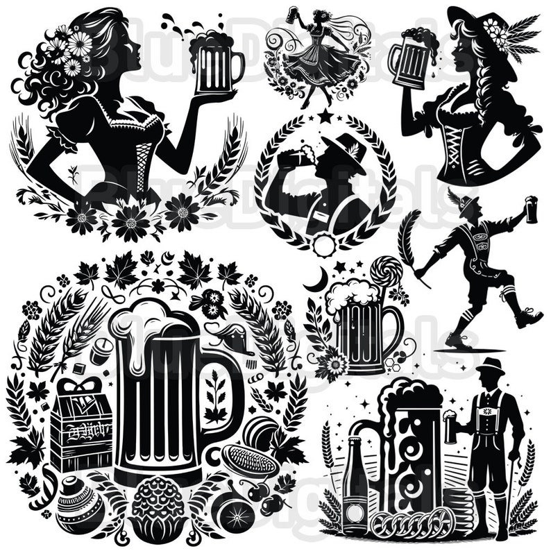 Puede incluir: Ilustraciones en blanco y negro con tem&aacute;tica de Oktoberfest. La imagen presenta siluetas de personas, jarras de cerveza y elementos decorativos como trigo, flores y hojas. Los dise&ntilde;os evocan un ambiente festivo.