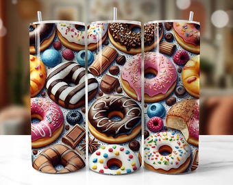 Donuts PNG para envoltorio de vaso de 20 oz, imagen PNG de donut de acuarela para sublimación de vaso de 20 oz, diseño de envoltorio delgado de vaso PNG dulce