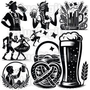 Puede incluir: Ilustraciones en blanco y negro con tem&aacute;tica de Oktoberfest. Siluetas de personas con vestimenta tradicional bebiendo cerveza, bailando y sosteniendo jarras. Incluye im&aacute;genes de pretzels, jarras de cerveza y elementos decorativos.