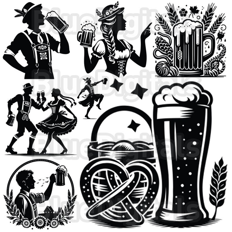 Puede incluir: Ilustraciones en blanco y negro con tem&aacute;tica de Oktoberfest. Siluetas de personas con vestimenta tradicional bebiendo cerveza, bailando y sosteniendo jarras. Incluye im&aacute;genes de pretzels, jarras de cerveza y elementos decorativos.