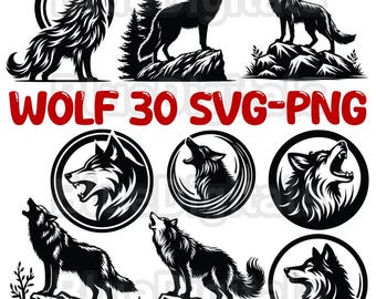 Lupo SVG, Clipart di lupi SVG, Silhouette di lupo che ulula SVG, 30 file di lupo PNG e SVG, Design di animali selvatici SVG, Download per uso commerciale