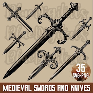 Sword Svg, Medieval Swords SVG Bundle, Png Bundle of Swords and Knives, Swords Png, Sword Silhouette Png and Svg Clipart, Commercial Use