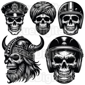 May include: Five black and white illustrations of skulls wearing different headwear. The skulls are wearing a police hat, a turban, a motorcycle helmet, a viking helmet, and a helmet with a visor.